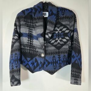 VINTAGE RHONDA STARK WOOL BLEND SOUTHWESTERN AZTEC CROPPED JACKET.